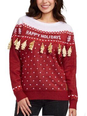 Womens Large Happy Holidays Gold Tassel Red Ugly Christmas Sweater Tipsy Elv NWT